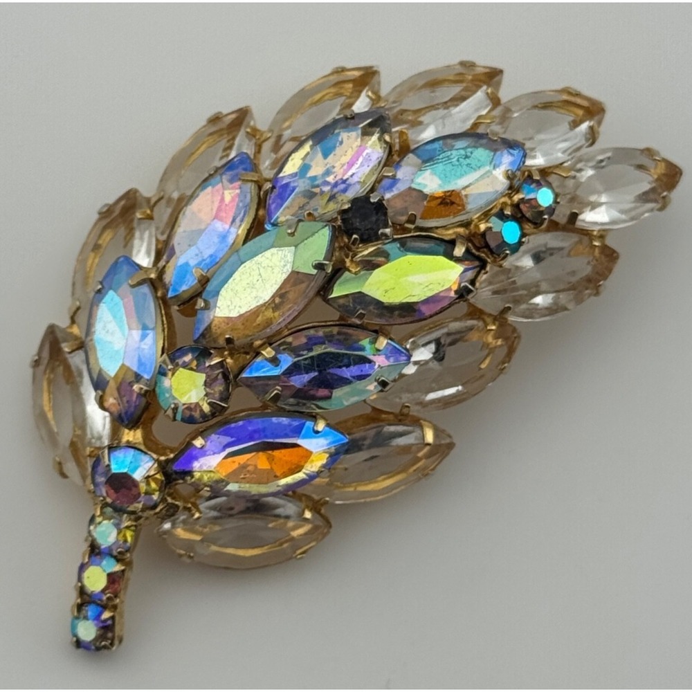 Vintage AB Rhinestone Brooch Domed Layered Gold Tone Leaf Pin READ